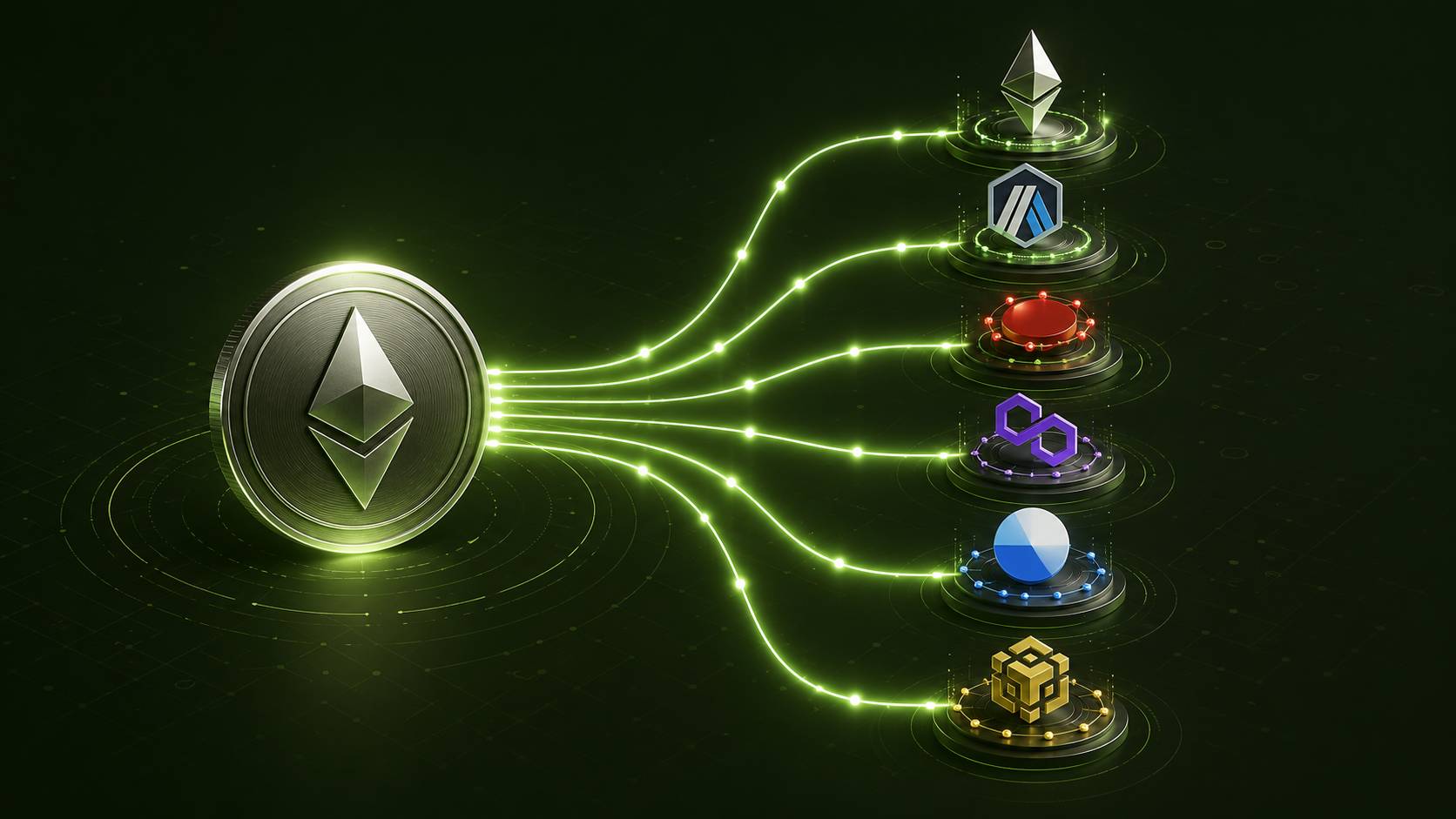 مقایسه شبکه‌های انتقال اتریوم شامل Ethereum، Arbitrum، Optimism، Base و Polygon