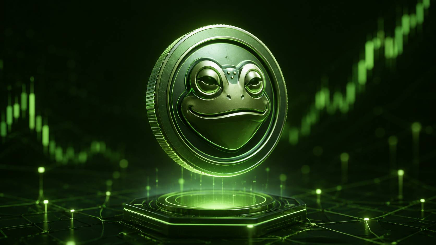 تصویر سه بعدی پپه کوین (PEPE) در محیط ارز دیجیتال
